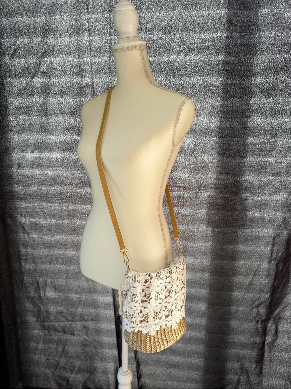 Cream Crochet and Tan Woven Crossbody Bag with Adjustable Strap